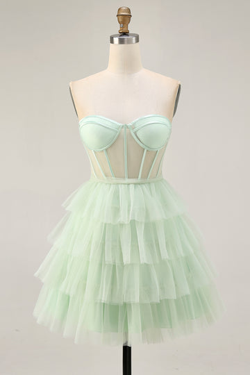 Strapless Light Green A Line Corset Short Homecoming Dress